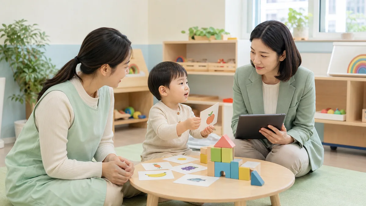 어린이집 교사와 방문 전문가가 영아 놀이와 언어 상호작용을 관찰하는 모습