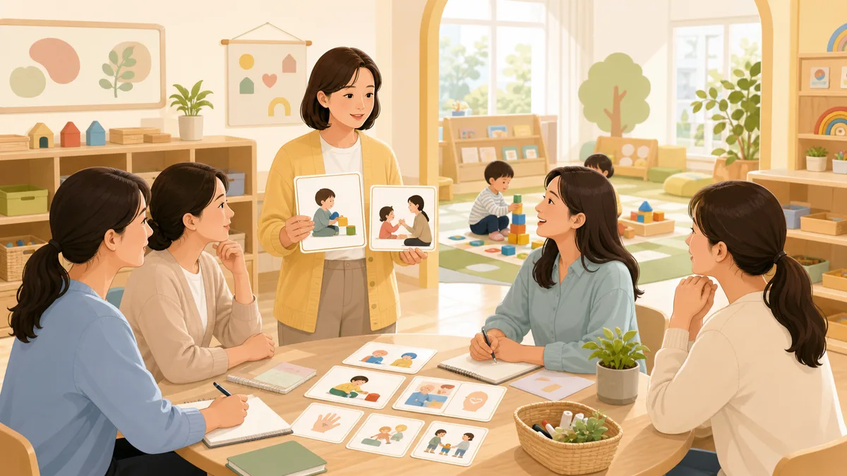 보육교직원이 영아 발달지연 지원 교육을 듣는 2D 일러스트