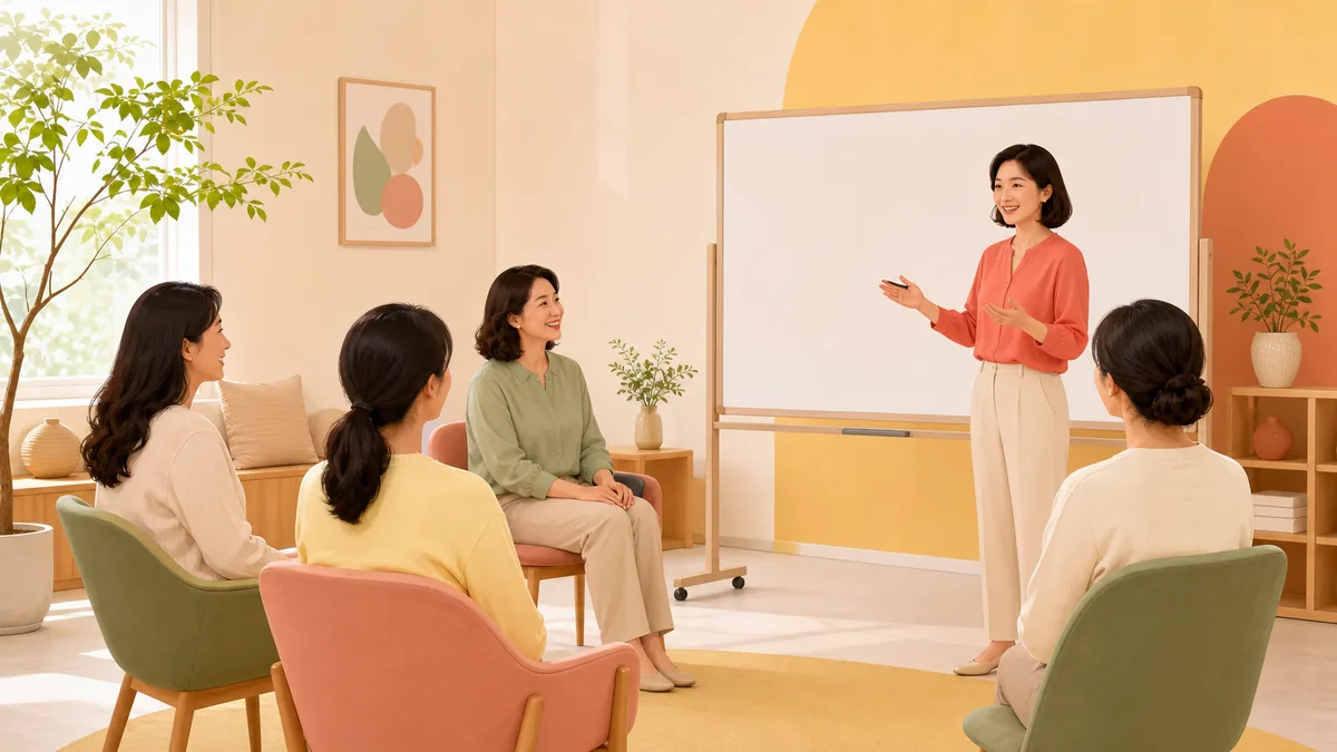 교육장에서 보호자 집단상담이 진행되는 세미 일러스트 이미지