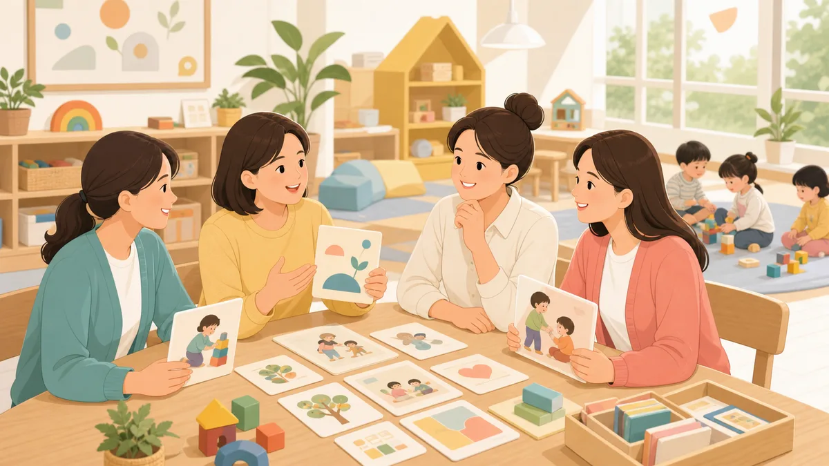 보육교직원이 발달지원 중심 맞춤형 통합보육 사례를 검토하는 2D 일러스트