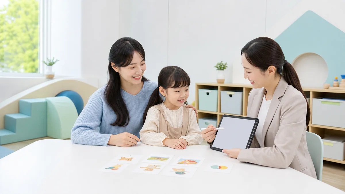보호자와 아이가 전문가와 함께 발달검사 자료와 태블릿을 확인하는 모습