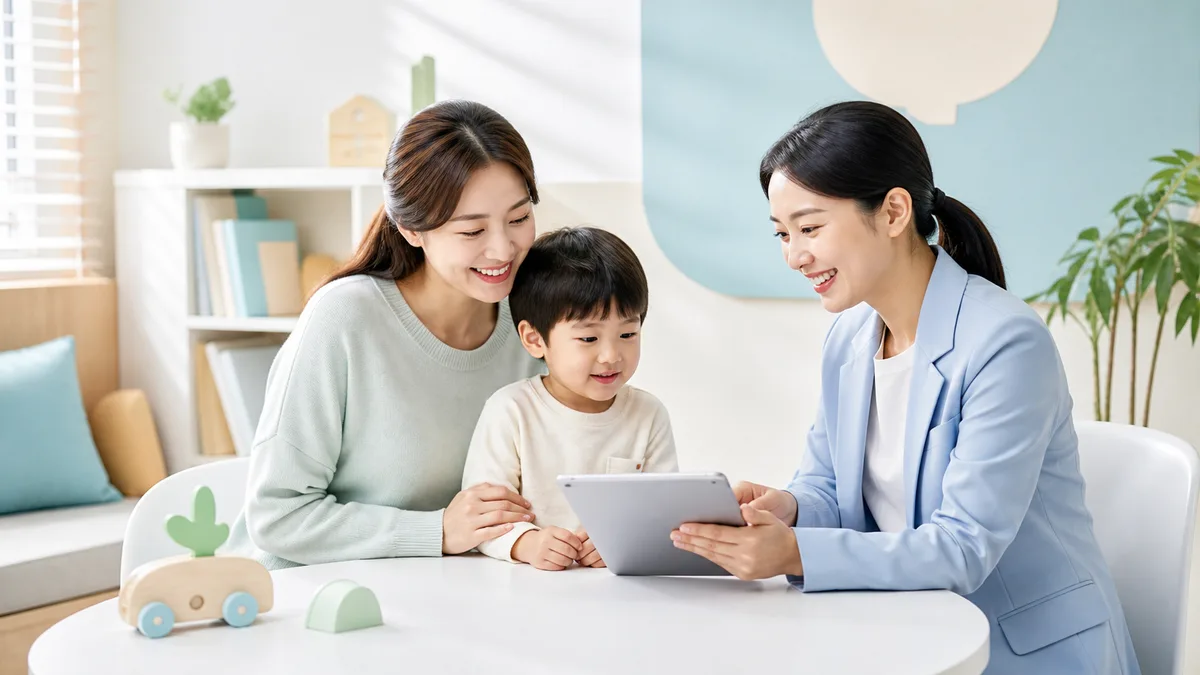 보호자와 아이가 발달검사 상담 공간에서 전문가와 태블릿을 보는 모습